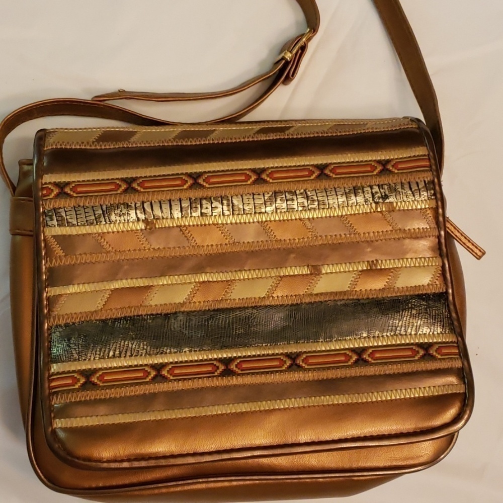 VINTAGE Cooper J  Shoulder Bag Bronze Metallic Patched Leather & Faux Reptile VG